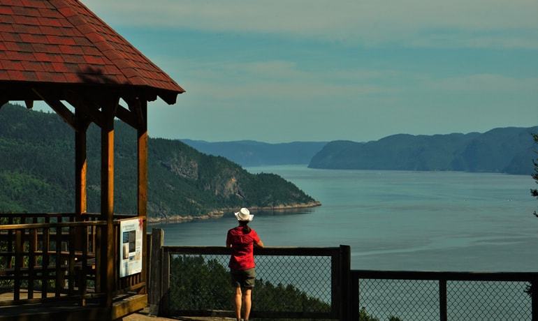 Panoramic view of the Saguenay Fjord from the platform trail belvedere in Ste-Rose-du-Nord, the pearl of the Fjord